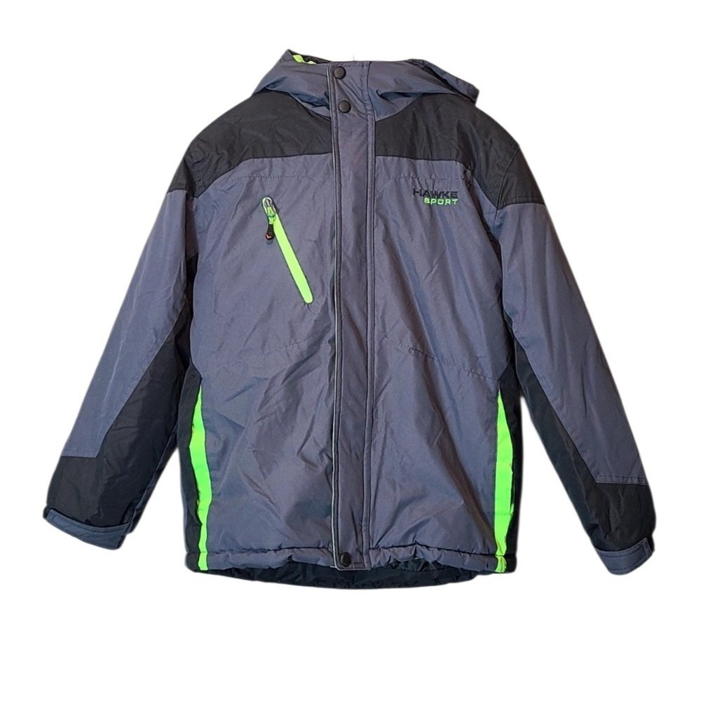 Hawke Sport Boys Gray Black Neon Green Fleece Lined Winter Puffer Jacket Hooded